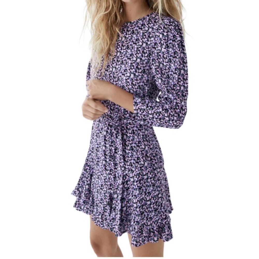 Zara Dress Women Purple Floral Puff Long Sleeves Prairie Belt Ruffle Sz XS EUC